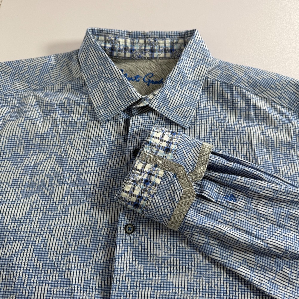 Robert Graham Shirt Mens XL Blue Button Up Flip Cuff Long Sleeve Camo Classic